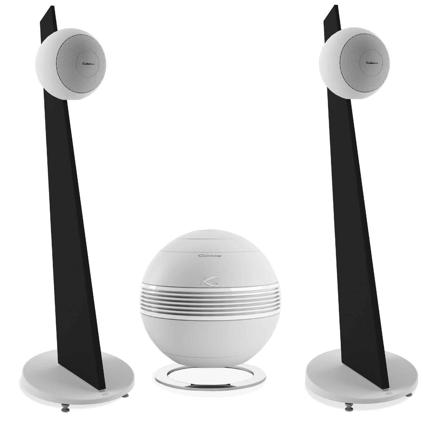 Cabasse Baltic 5 + Pearl Sub Bundle - White speakers on black stands with white subwoofer