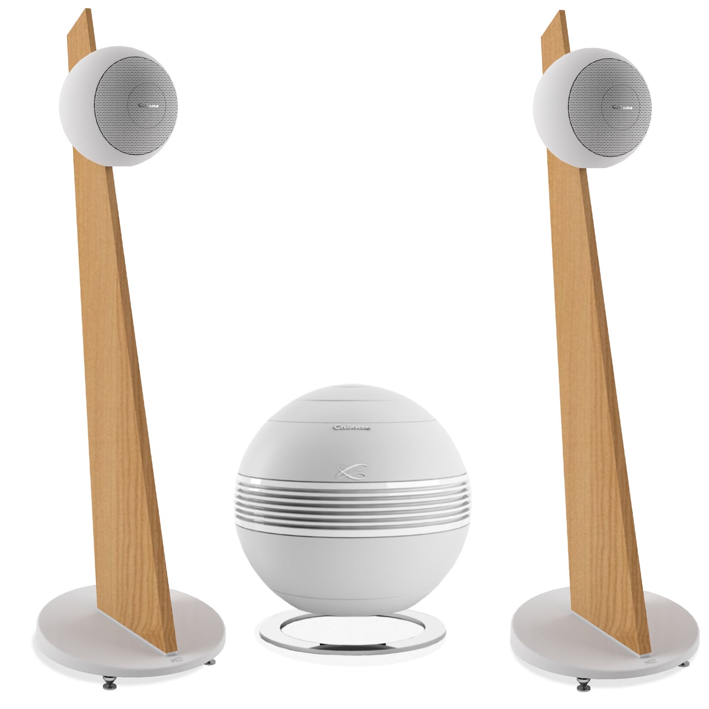 Cabasse Baltic 5 + Pearl Sub Bundle - White speakers on oak stands with white subwoofer