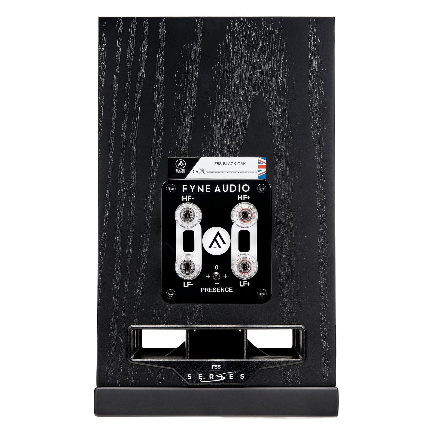 Fyne Audio F5S Bookshelf Loudspeaker (pair) - Black Oak finish, rear view, connector ports